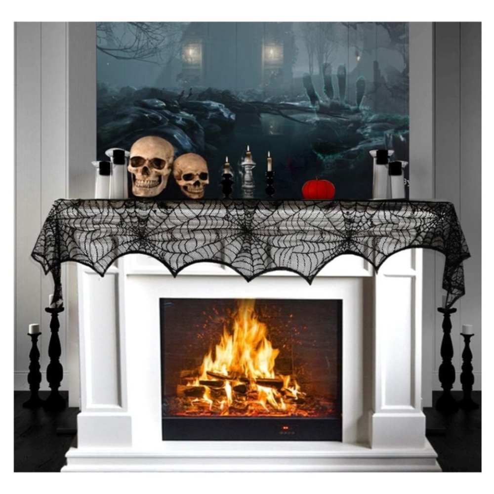 Halloween Cobweb Fireplace Scarf Black Lace Spiderweb Mantle 18 x 96 inch